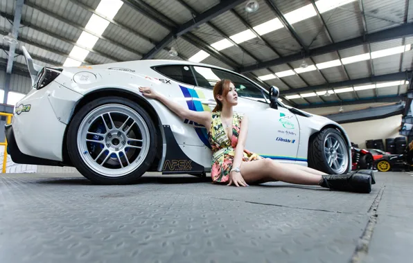 Picture Girls, Subaru, Asian, beautiful girl, white car, posing on the car