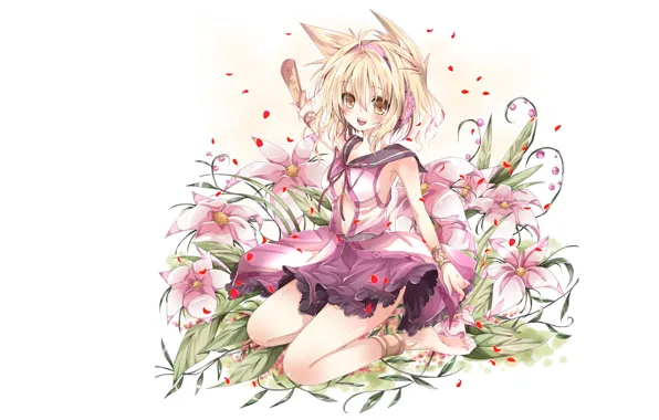 Picture petals, bracelets, ears, pink flowers, yellow eyes, barefoot, sailor, Touhou Project, Project East, Toyosatomimi no …