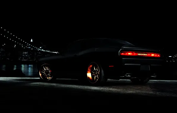 Picture machine, night, the city, lights, black, black background, Dodge Challenger, wheel