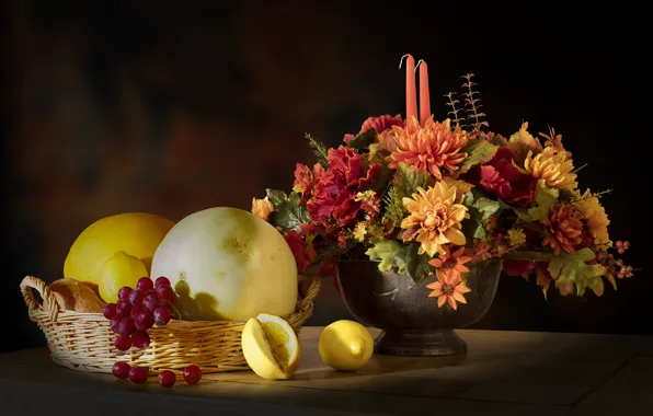 Picture light, flowers, the dark background, table, bouquet, candles, grapes, pumpkin, vase, still life, network, chrysanthemum, …