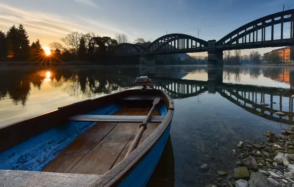 Picture bridge, river, boat, morning