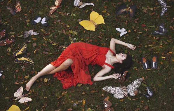 Picture girl, butterfly, pose, red dress