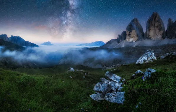 Picture mountains, night, fog, The milky way, The Dolomites