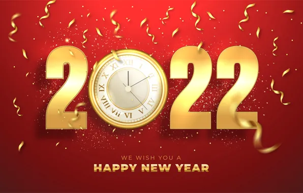 Picture gold, watch, figures, New year, red, golden, dial, new year, happy, red background, luxury, decoration, …