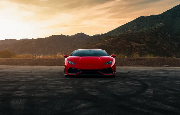 Picture mountains, red, front view, Lamborghini Huracan