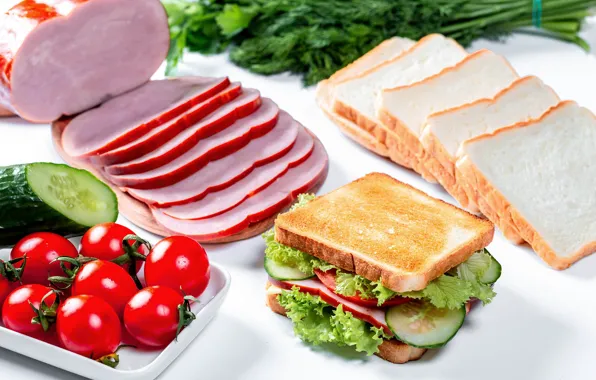 Picture bread, sandwich, tomatoes, toast, ham