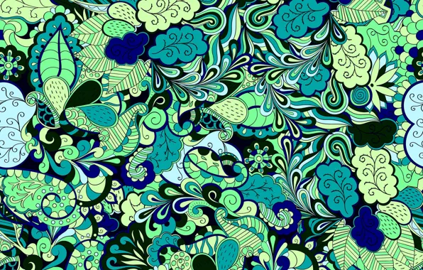 Picture flowers, blue, green, background, pattern, texture, Paisley