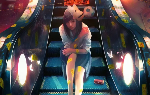 Picture metro, mask, characters, handrails, schoolgirl, soccer ball, escalator, print, white blouse, sitting on the stairs