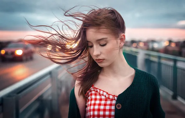 Picture girl, face, the wind, hair, closed eyes, Renat Fotov, Полина Голубинская