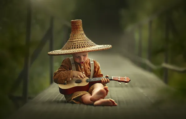 Picture bridge, guitar, hat, barefoot, boy, child, barefoot, Лысенкова Ксения