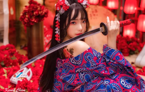 Picture look, pose, style, model, hand, portrait, sword, katana, makeup, brunette, tattoo, hairstyle, outfit, kimono, Asian, …