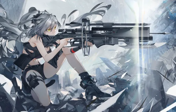 Picture girl, weapons, art, aiming, art, black, Arknights
