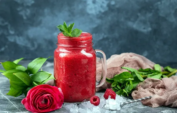 Picture raspberry, rose, drink, mint, smoothies, berries •