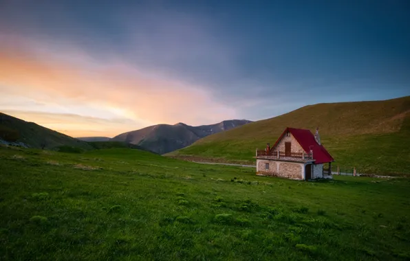 Picture field, the sky, mountains, house, hills, the slopes, meadow, house, mansion