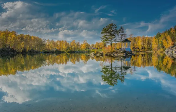 Picture autumn, trees, lake, reflection, Russia, gazebo, island, Altai Krai, Сергей Ослопов, Озеро Ая