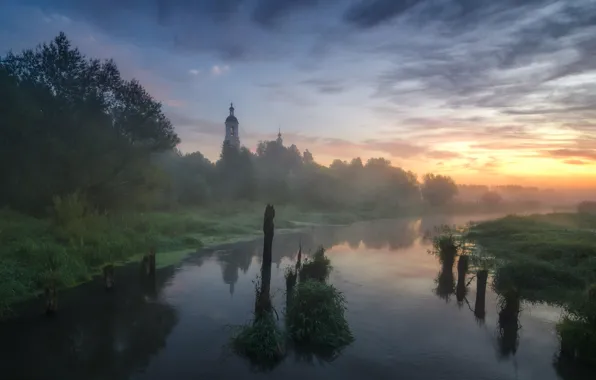 Picture landscape, nature, fog, river, dawn, village, morning, Church, the bushes, Bank, Vitaly Levykin, Filippovskoe