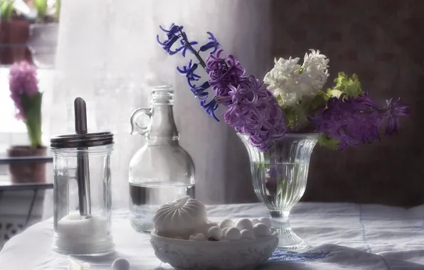 Picture glass, flowers, table, bouquet, candy, dishes, sugar, vase, still life, composition, marshmallows, hyacinths