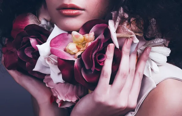Picture girl, flowers, hands, lips