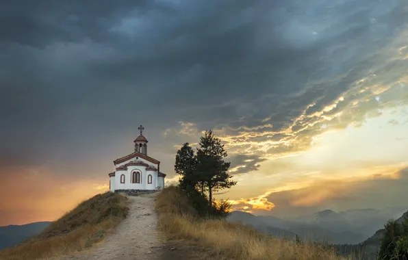 Picture landscape, sunset, nature, tree, hill, track, chapel, Bulgaria, Ivan Georgiev