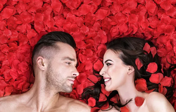 Picture girl, love, petals, brunette, pair, red, guy, beauty, two, smile, rose petals, lovers, lie, views