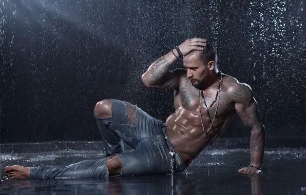 Picture water, pose, rain, model, jeans, tattoo, guy, torn, muscular