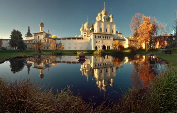 Picture autumn, landscape, nature, pond, reflection, temple, The Kremlin, Rostov, Алексей Никонов