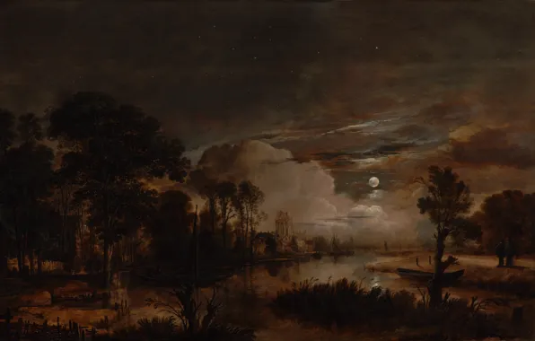 Picture painting, landscape, Aert van der Neer, neer moonlit, aert van der, Amstel river, castle Kostverloren