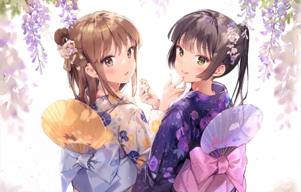 Picture fan, kimono, friend, flower in hair, bangs, kimono, Wisteria, sideways, two girls, by Anmi