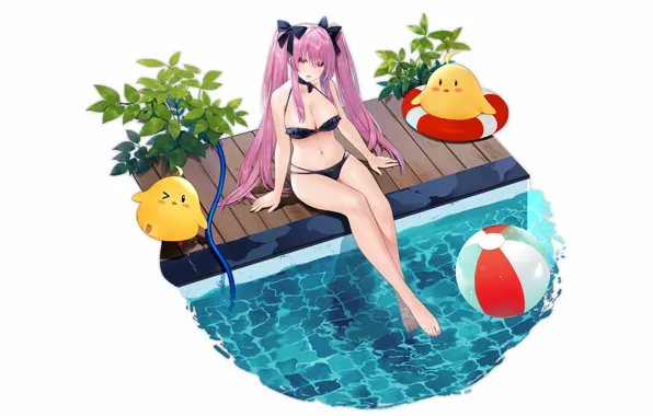 Picture girl, sexy, pool, cleavage, pink hair, long hair, boobs, anime, beautiful, pretty, breasts, bikini, attractive, …