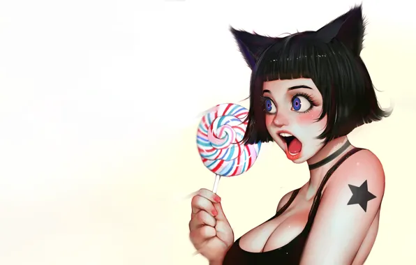 Picture Girl, Figure, Background, Lollipop, Art, Candy, Sucker, Characters, Shorthair, Candy, Sweets, Catgirl, by Randy StarFru1t, …