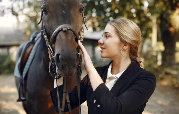 Picture look, girl, pose, horse, horse, portrait, blonde, friends, young, in black, bokeh, communication, teen, bridle