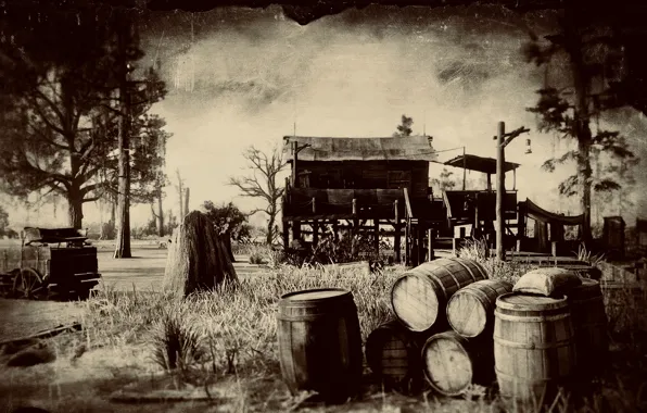 Picture HDR, House, Game, Trees, Barrel, UHD, Red Dead Redemption 2, Swamp, Xbox One X, RDR2, …