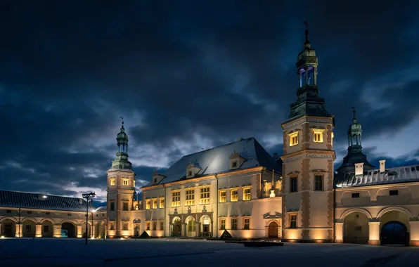 Picture night, the city, the building, lighting, area, Poland, Museum, Кельце