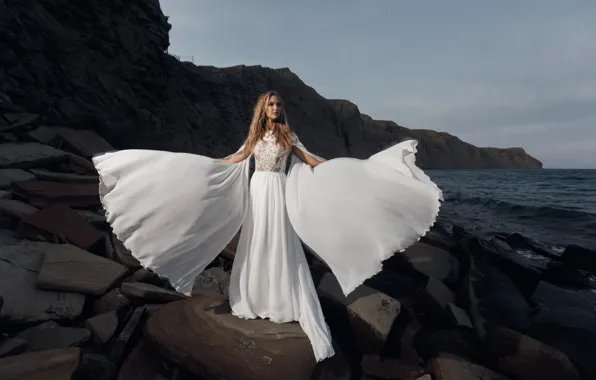 Picture sea, girl, white dress