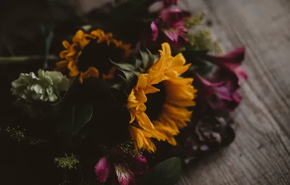 Picture sunflowers, flowers, the dark background, table, Board, bouquet, lies, different, Alstroemeria