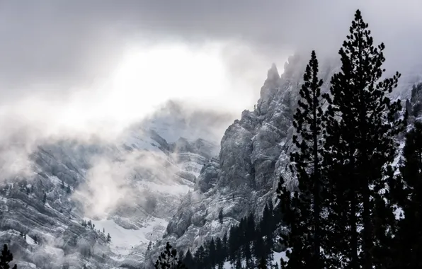 Picture winter, clouds, snow, trees, mountains, nature, rocks