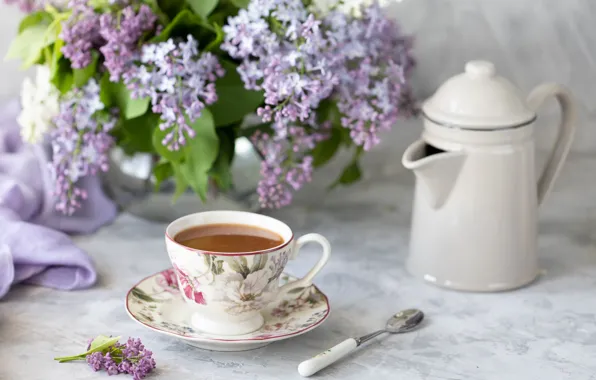 Picture coffee, bouquet, kettle, Cup, vase, lilac