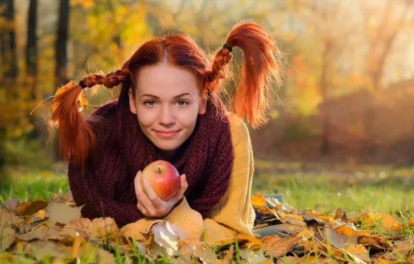 Picture LOOK, NATURE, GRASS, LEAVES, SMILE, TREES, MOOD, APPLE, AUTUMN, FOLIAGE, RED, BRAIDS