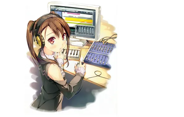 Picture computer, headphones, girl, white background, monitor, at the table, by kantoku