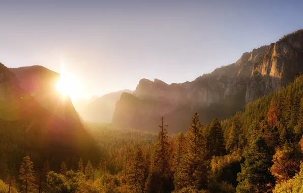 Picture autumn, the sky, rays, light, mountains, rocks, dawn, morning, ate, USA, Yosemite, Yosemite national Park, …