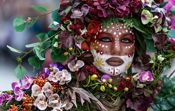Picture look, leaves, girl, flowers, branches, face, style, portrait, makeup, costume, lips, outfit, image, carnival, orchids, …