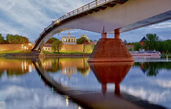 Picture landscape, bridge, the city, river, the evening, The Kremlin, Volkhov, Veliky Novgorod, Александр Байдуков