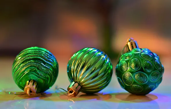 Picture balls, holiday, green, Christmas, New year, trio, Christmas decorations, new year decorations