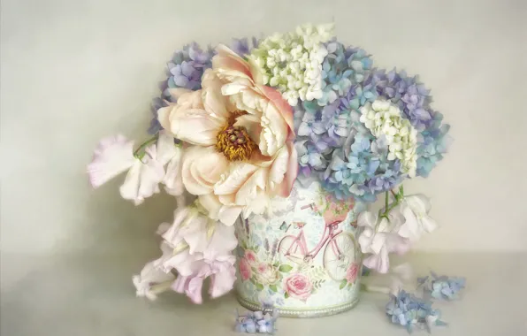 Picture flowers, background, bouquet, blue, art, pot, white, painting, stand, lilac, peony, hydrangea
