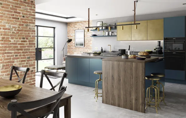 Picture design, style, interior, kitchen, dining room, dark blue painted brass kitchen