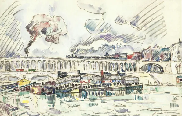 Picture figure, watercolor, 1927, Paul Signac, Paul Signac, The Viaduct and Mouche Bridge at Auteuil