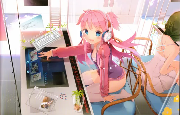 Picture computer, headphones, characters, keyboard, blue eyes, on my knees, pink hair, in a cafe, at …
