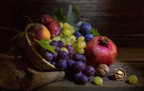 Picture grapes, fruit, nuts, still life, plum, burlap, garnet