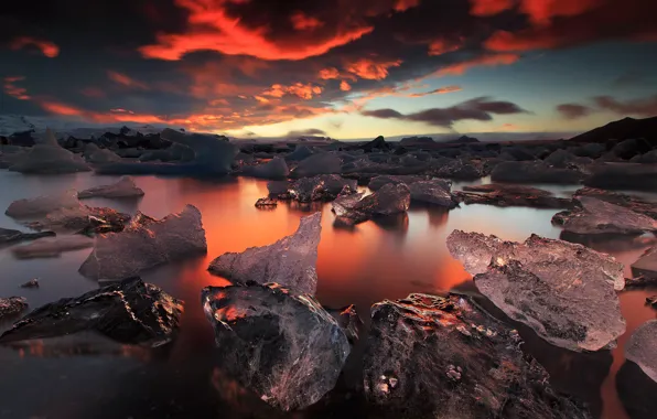 Picture clouds, light, sunset, ice, the evening, Iceland, the fjord