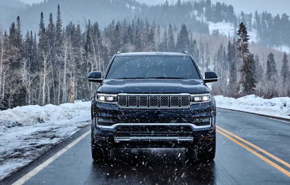 Picture trees, mountains, track, SUV, Jeep, snowfall, SUV, exterior, Jeep, Grand Wagoneer, Гранд Вагонер